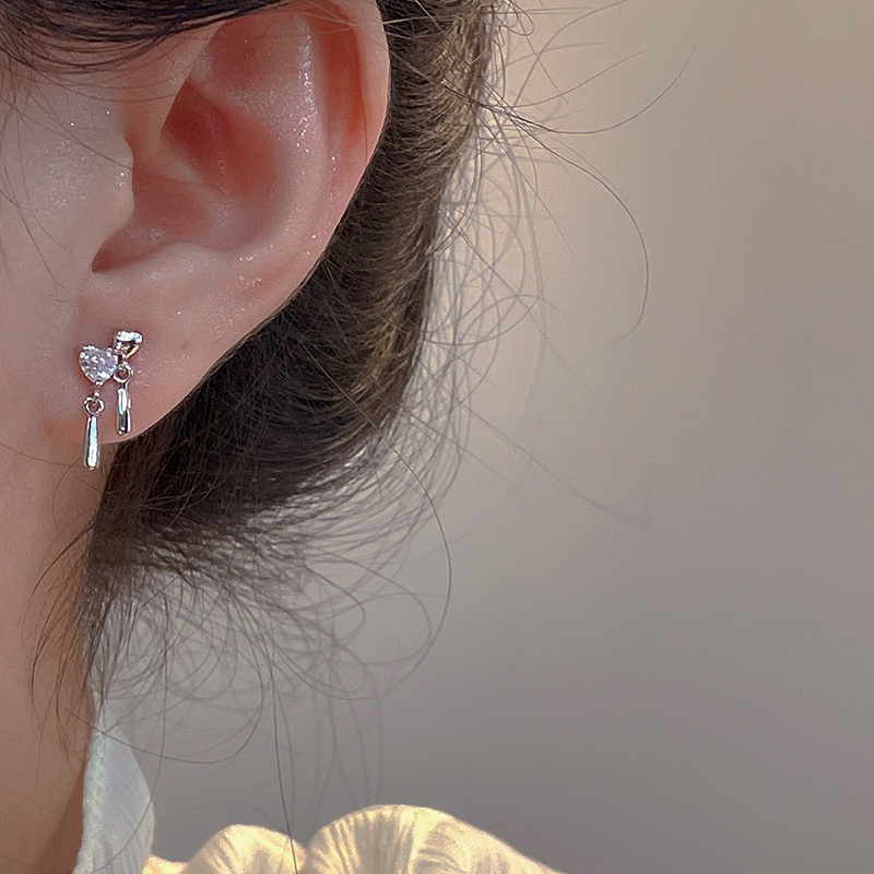 Roselife Korea s925 Perak Zirkon Mengkilap Terkait Jantung Stud Anting Untuk Wanita Perempuan Elegan Cinta Ganda Anting-Anting Perhiasan Aksesoris