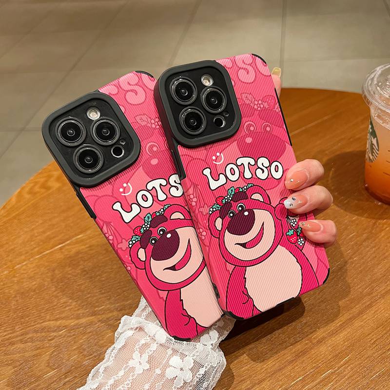 【Lamb Skin】So Cute LOTSO Strawberry Bear Leather Soft Case for IPhone 7 Plus 8 Plus X XS XR XS Max 11 13 12 14 PRO Max 14 Plus for Girl Women's Gift Red