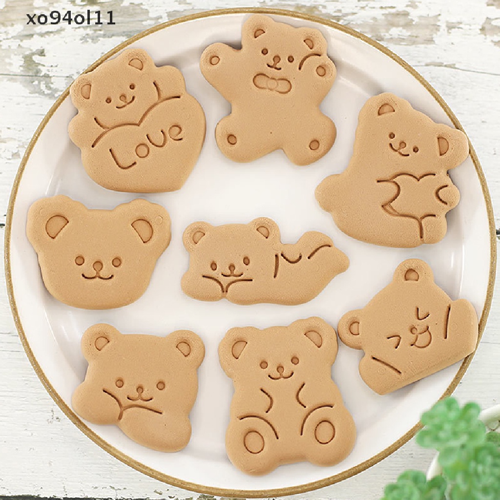 Xo 8PCS Pemotong Kue Kering Bentuk Beruang Plastik 3D Cookie Stamp Biskuit Pressable Mold OL