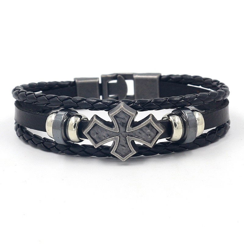 [X C Gelang] Baru Berbentuk Salib Gelang Hitam Kulit Vintage Hip Hop Punk Gelang Kulit Lengan Manik-Manik Multilayer Zinc Alloy Anyaman Gelang