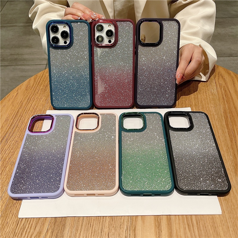 IPHONE Jam Kertas Gradasi Glitter+Plat Belakang Transparan Akrilik Electroplated Untuk Iphone14 13 12 11 Pro Max Hard Casing Pelindung