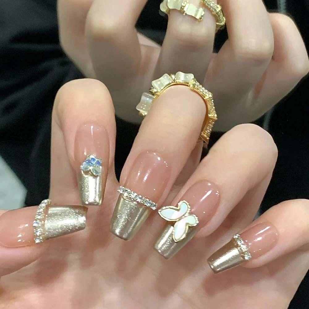 Agustina Busur Dekorasi Kuku Pesona Kuku Emas Perak Cinta Hati Kupu-Kupu Manikur Aksesoris Bunga 3D Nail Art Drills