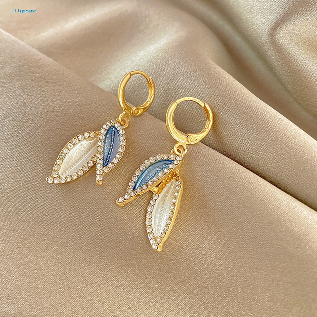 Lilyscent 1pasang Anting Wanita Halus Perlengkapan Pesta Berlian Imitasi Mengkilap Daun Biru Anting Perempuan Electroplating