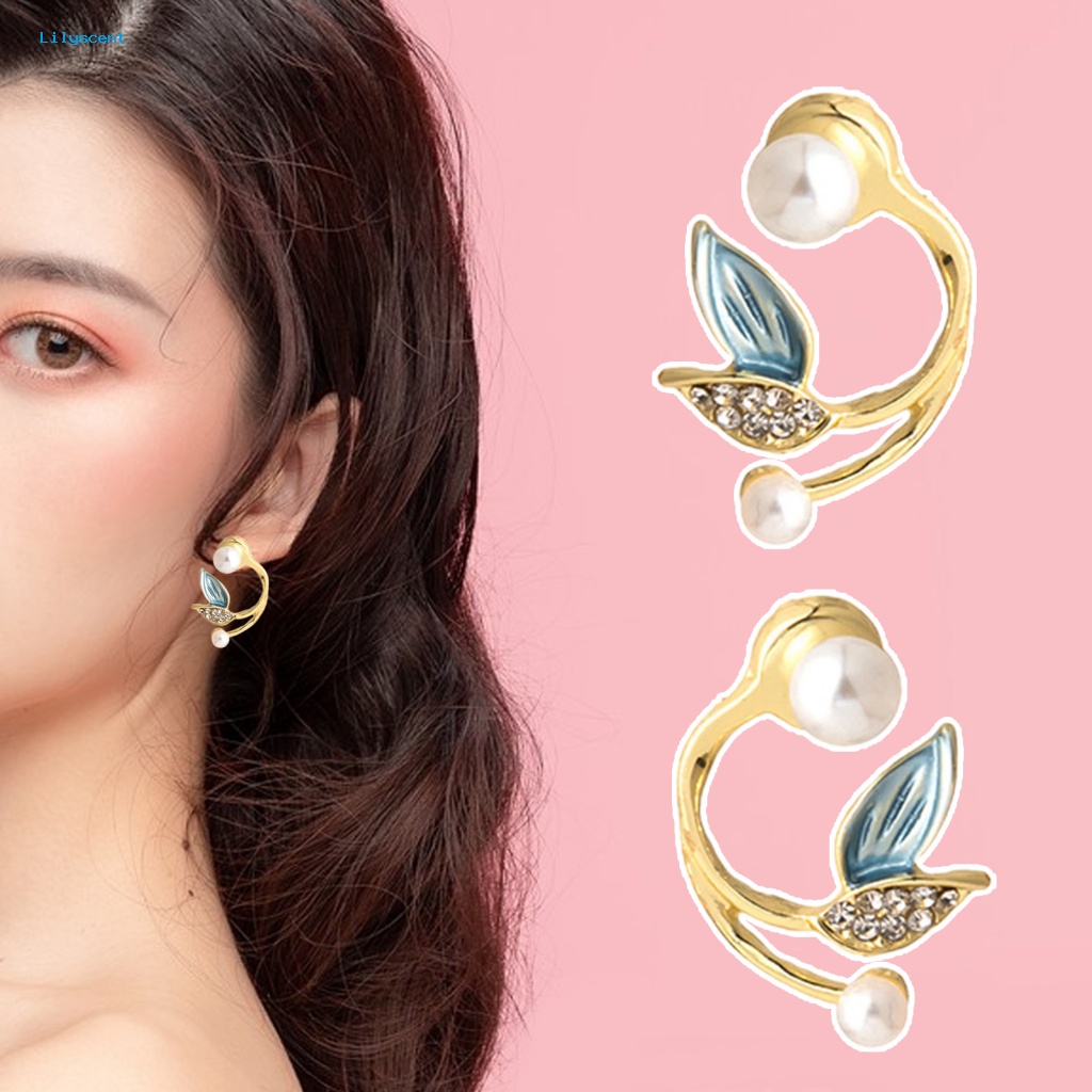 Lilyscent 1pasang Giwang Telinga Warna Silver Untuk Pacaran Temperamen Mermaid Tail Shape Rhinestone Earrings All-match