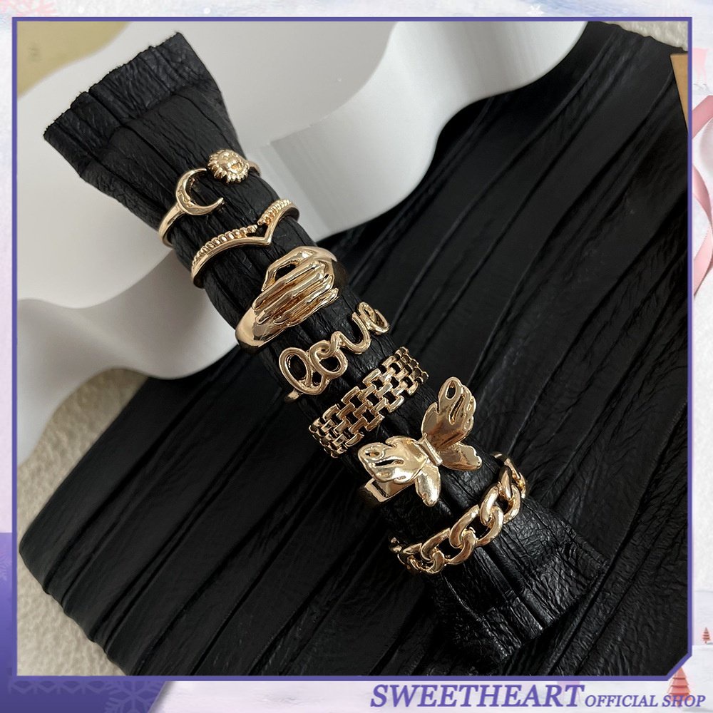 7-piece Metal Ring Cincin Gaya Bohemian Eropa Dan Amerika Set Cincin Perhiasan Kepribadian Perempuan Hadiah Ulang Tahun Perhiasan Hati Manis