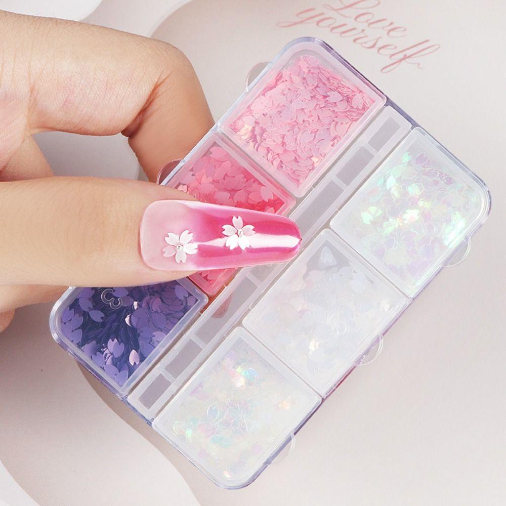 NEEDWAY Set Kotak Decals Glitter Kelopak Kuku 6kisi Gaya Jepang Untuk Aksesoris Manicure DIY Profesional