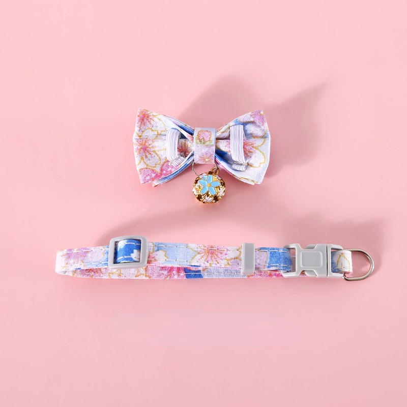 Pet cat collar flower bow with bell pendant print detachable bow tie cat dog adjustable Kalung Aksesoris