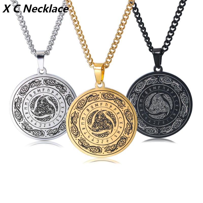 [X C Kalung] Emas &amp; Perak Baru Hip-hop Punk Retro Viking Rune Mark Irish Lingkaran Konsentrik ​​Kalung titanium Steel Liontin Anti Karat Untuk Pria &amp; Wanita Hadiah Liburan Permata