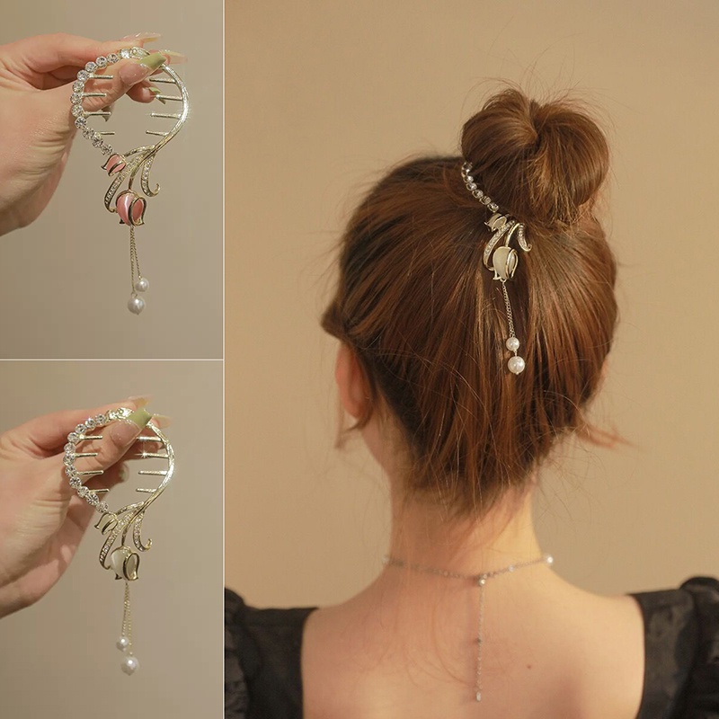 Elegan Bunga Tulip Rumbai Alloy Hair Clip Ponytail Gesper Jepit Rambut Aksesoris Rambut Wanita