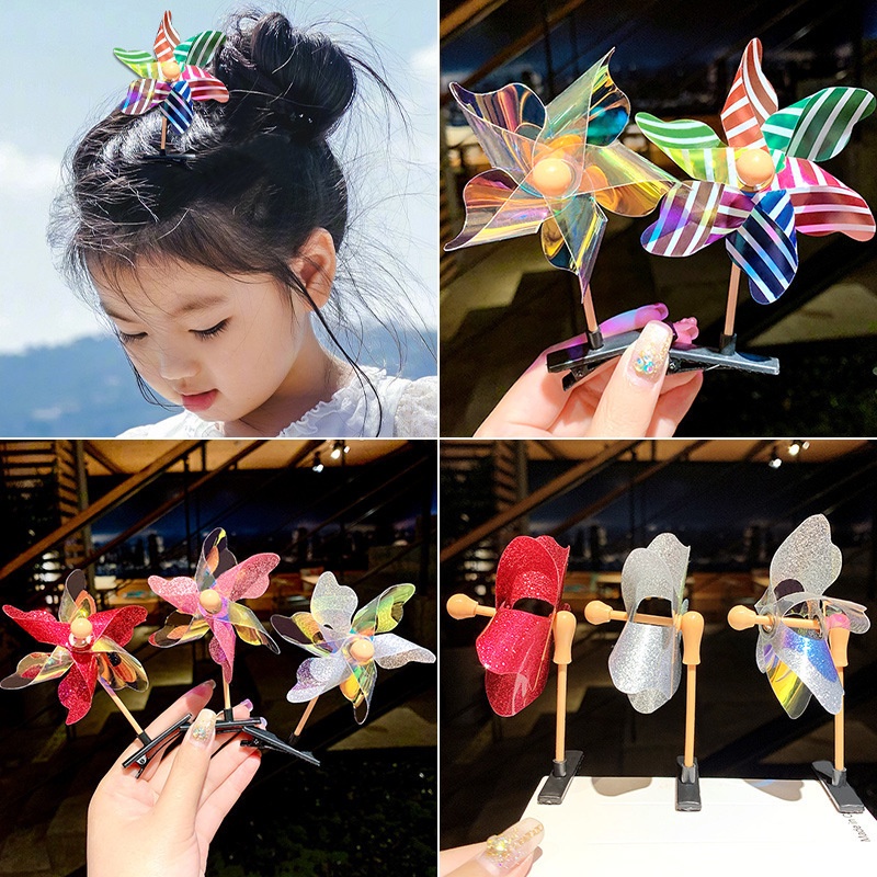 1pc Random Lucu Kartun Windmill Hair Clip/Warna-Warni Sequin Laser Rotary Kincir Jepit Rambut/Aksesoris Rambut Anak Perempuan