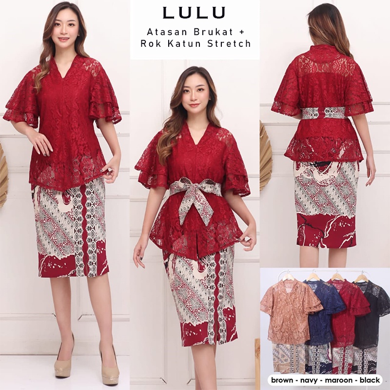 Evercloth Lulu Dress Batik Wanita Brukat Kebaya Batik Couple Set Gaun Batik