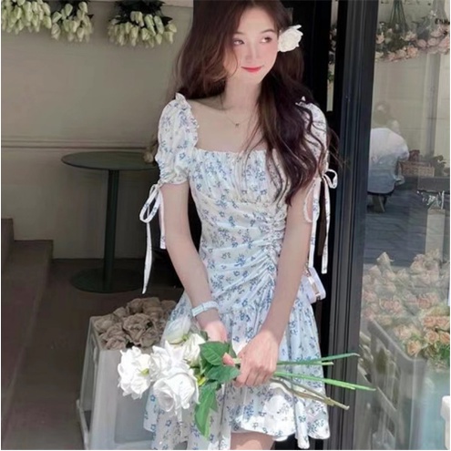 Asymmetrical Neckline Floral Mini Dress with Ruched Skirt - Dress Casual Kasual Blue White Biru Puti