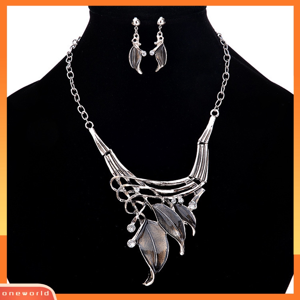 [ONE] 1set Menjuntai Anting Tetesan Minyak Multi-Layer Menyilang Berlian Imitasi Enamel Daun Pernyataan Kalung Kit Perhiasan Fashion