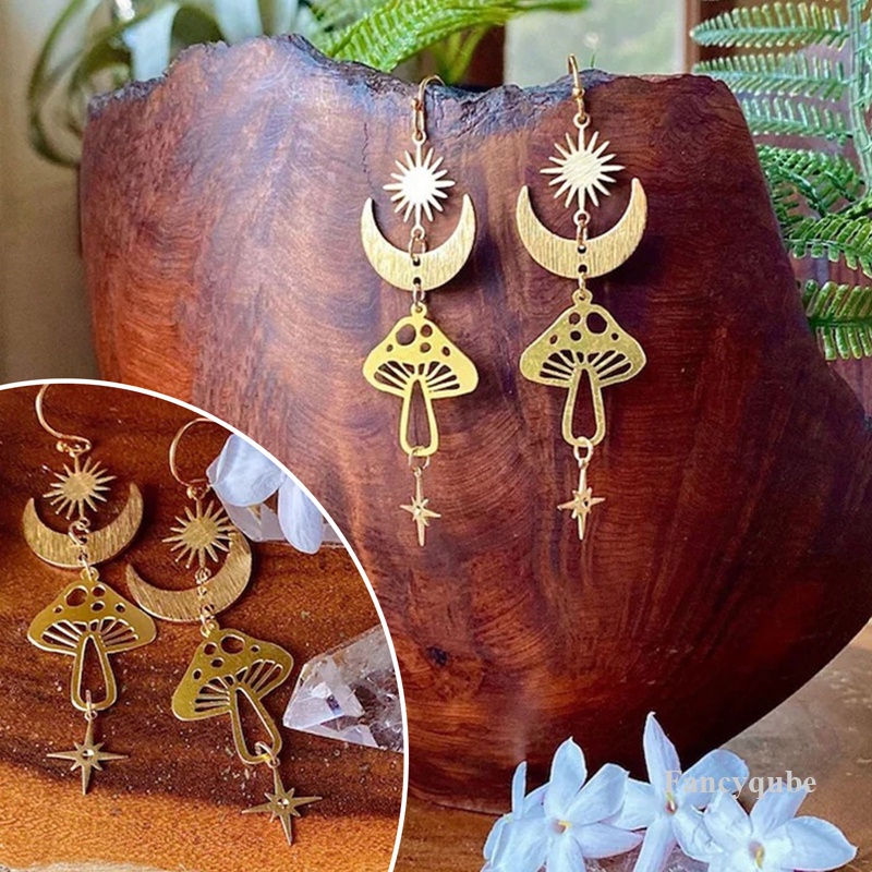 Bohemian Fashion Ear Hook Anting Bintang Bulan Kombinasi Berongga Motif Jamur Pernikahan Liburan Natal Paduan Netral Ornamen