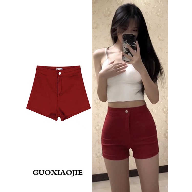 Red American retro hot girl denim shorts women s summer new bag hip high waist hot pants Eropa dan Amerika pelangsing dan elastis