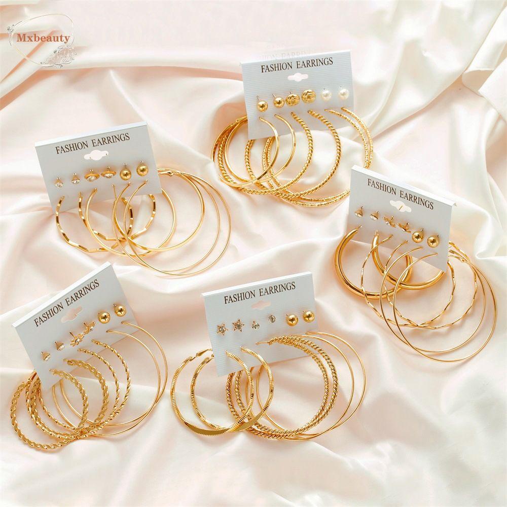 Mxbeauty Anting Hoop set Trendi 6pasang/set Sederhana Bentuk Bulat Hadiah Pesta Gaya Bohemian Berlian Imitasi Gadis Gaya Korea Earrings