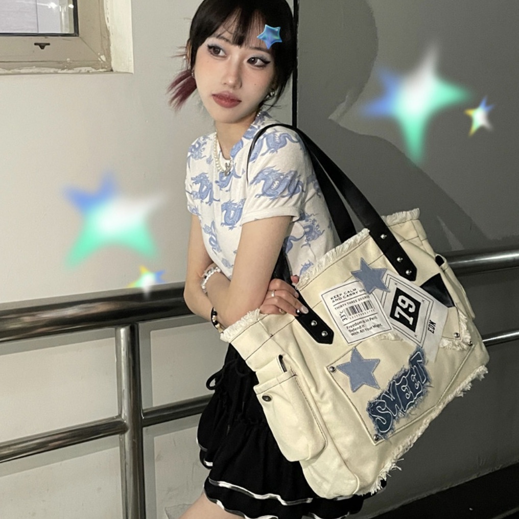 △❏Sera 2023 Original Tote Bag Star Niche Manis Keren Y2K Kapasitas Besar Kanvas Yabi Commuter Portable Tas Bahu