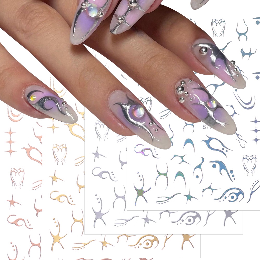 [Unggulan] 1pc 3D Self-Adhesive Silver Lines Nail Decals Laser Geometri Api Stiker Kuku Gothic Manicure Decor DIY Nail Art Alat Kuku Untuk Wanita