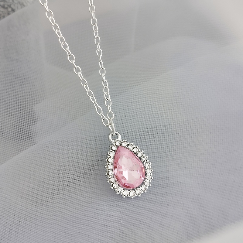 Rantai Kalung Zirkon Lucu Perak Pink Untuk Wanita Fashion Tetesan Air Bentuk Liontin Necklaces Jewelry