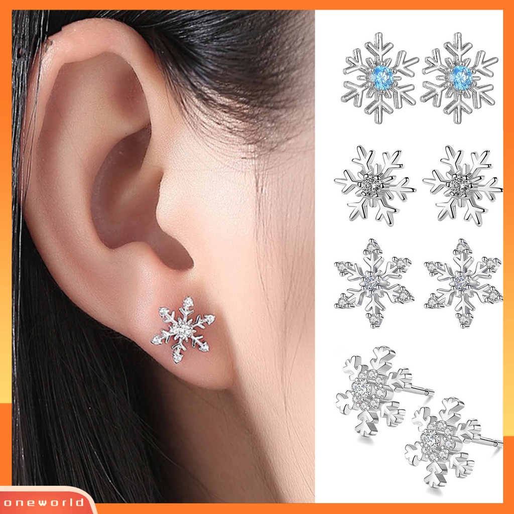 [EONE] 1pasang Ear Studs Elegan Geometris Mengkilap Berlian Imitasi Bertatahkan Berkilau Berdandan Hadiah Natal Wanita Snowflake Stud Earrings Perhiasan Pakaian Sehari-Hari