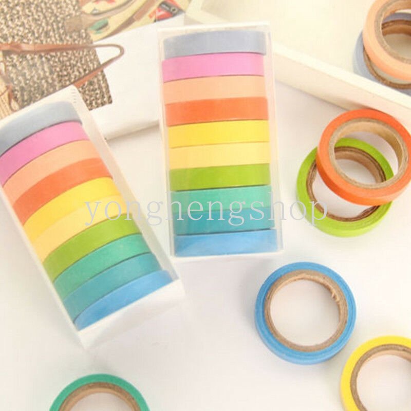 10rolls/set Colorful Washi Tape Rainbow Stiker Masking Tape DIY Craft Diary Scrapbooking Dekorasi Sticky Paper Tape Anak Alat Tulis Perlengkapan Sekolah