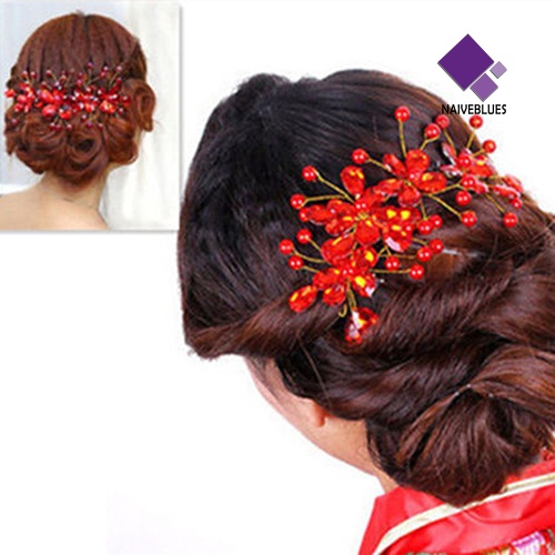 &lt; Naiveblues &gt; Wanita Bunga Merah Pernikahan Pengantin Pesta Accessary Hair Pin Clip