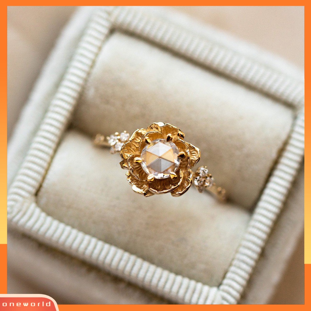 [EONE] Wanita Cincin Tiga Dimensi Bunga Cubic Zirconia Perhiasan Floral Ins Style Finger Ring Untuk Pesta Pernikahan Perjamuan