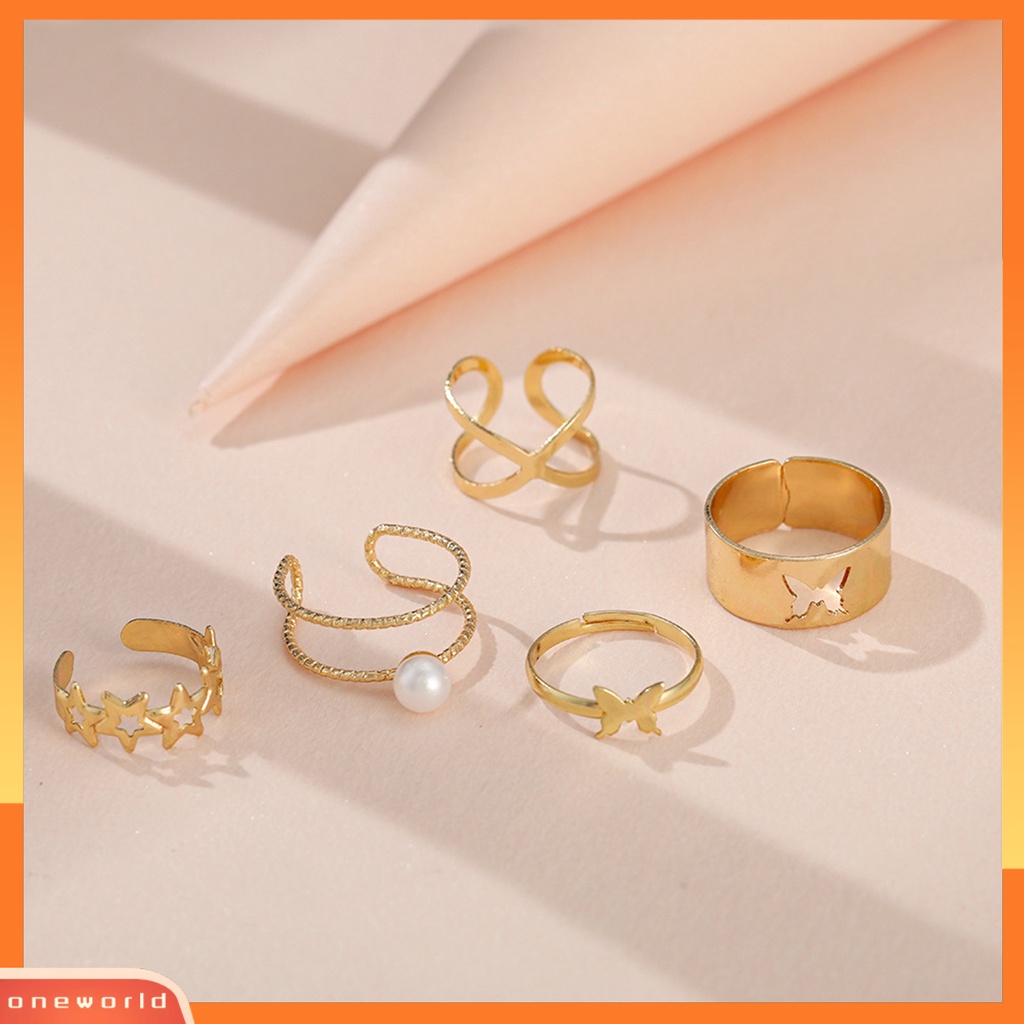 [EONE] 5pcs Cincin Jari Berongga Keluar Bintang Kupu-Kupu Perhiasan Vintage Stackable Rings Untuk Pakaian Sehari-Hari