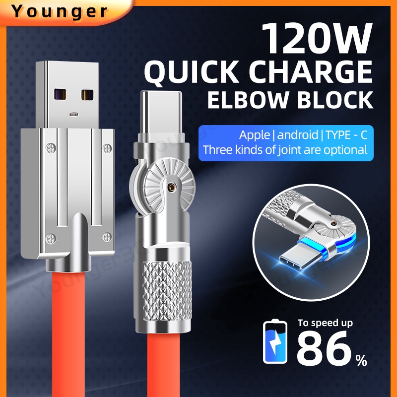 Kawat Charge USB C Silikon Cair 6A Isi180°Kabel Charge Super Cepat Berputar 120W Untuk Jalur Cas Hp i-Phone Tipe C Micor