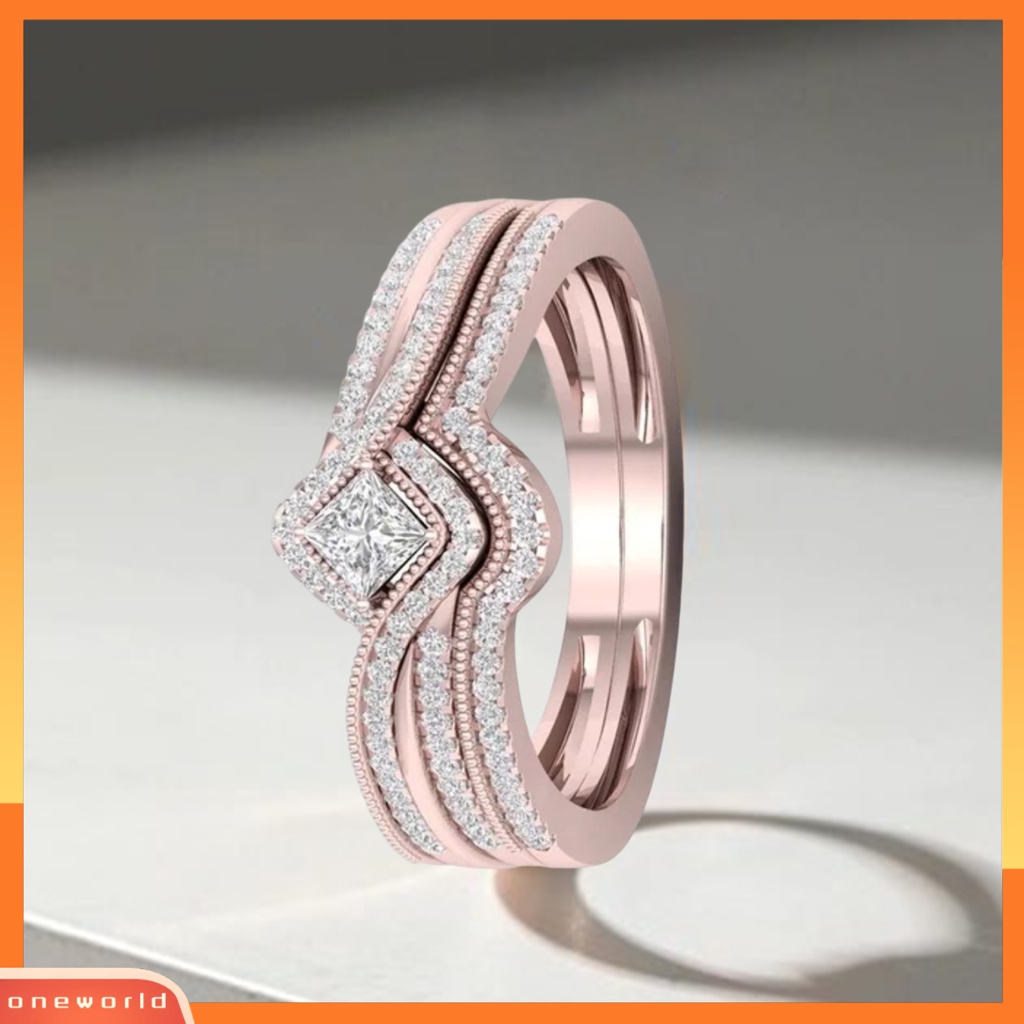 [EONE] Wanita Cincin Faux Kristal Bertatahkan Geometris Logam Cincin Elegan Dekorasi Mengkilap Lingering Cubic Zirconia Cincin Indah Perhiasan Hadiah Untuk Pertunangan