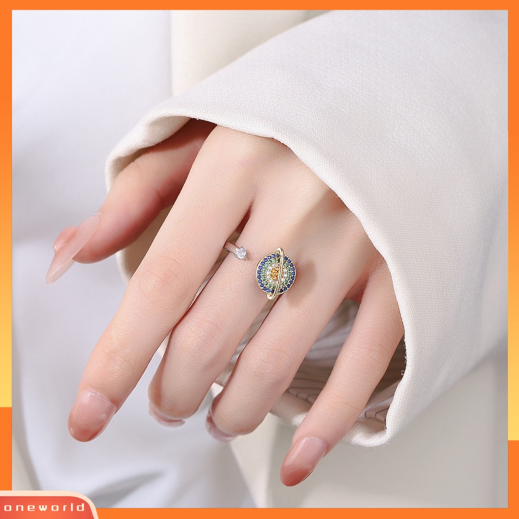 [EONE] Cincin Terbuka Bersinar Dapat Diputar Warna-Warni Cubic Zirconia Huruf Berlian Imitasi Pereda Kecemasan Desain Planet Wanita Fidget Anti Kecemasan Cincin Perhiasan Aksesori