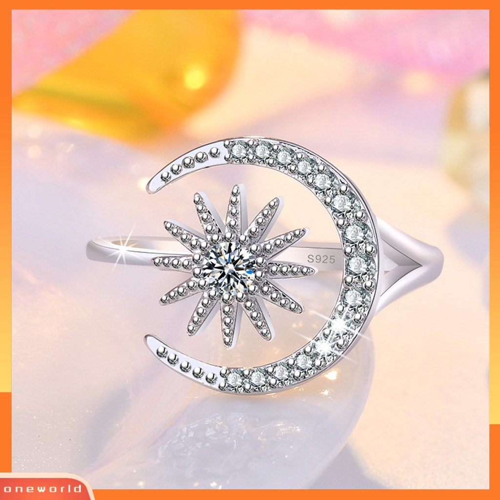 [EONE] Wanita Cincin Pembukaan Geometris Dainty Elegan Temperamen Hadiah Berlian Imitasi Tertanam Bintang Bulan Jari Cincin Aksesoris Perhiasan
