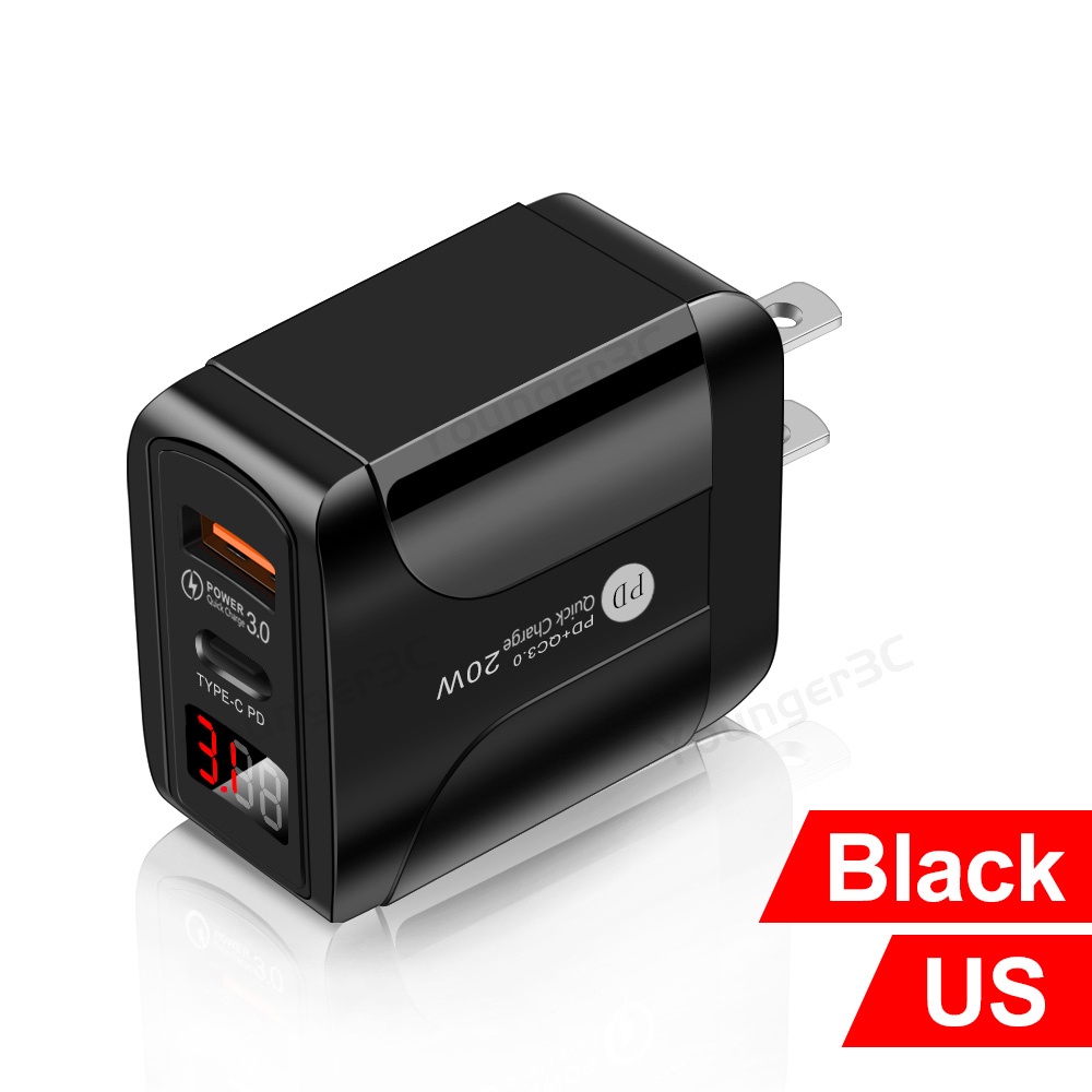 20wpd+qc Digital Display Fast Charging Charger QC3.0 Dual Port LED Charging Adapter Pengisian Cepat Charger Travel Untuk ios Android Tipe C