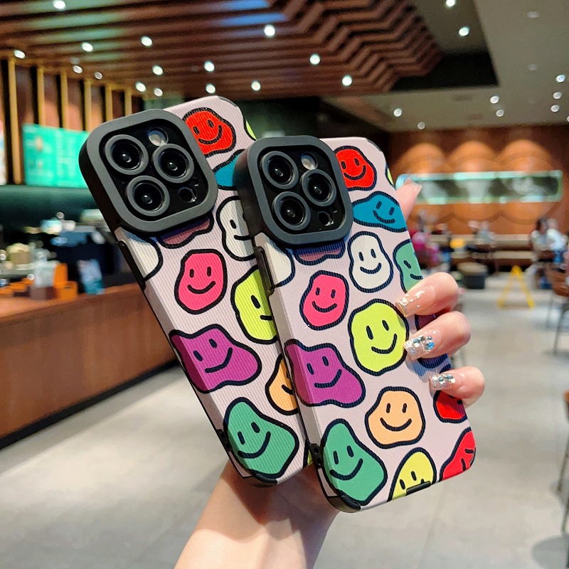 Soft case Untuk iPhone Case14 13 12 11 Pro MAX X XR XS Max7 8 Plus Butir Vertikal Warna-Warni smiley Anti-drop Pelindung Kamera
