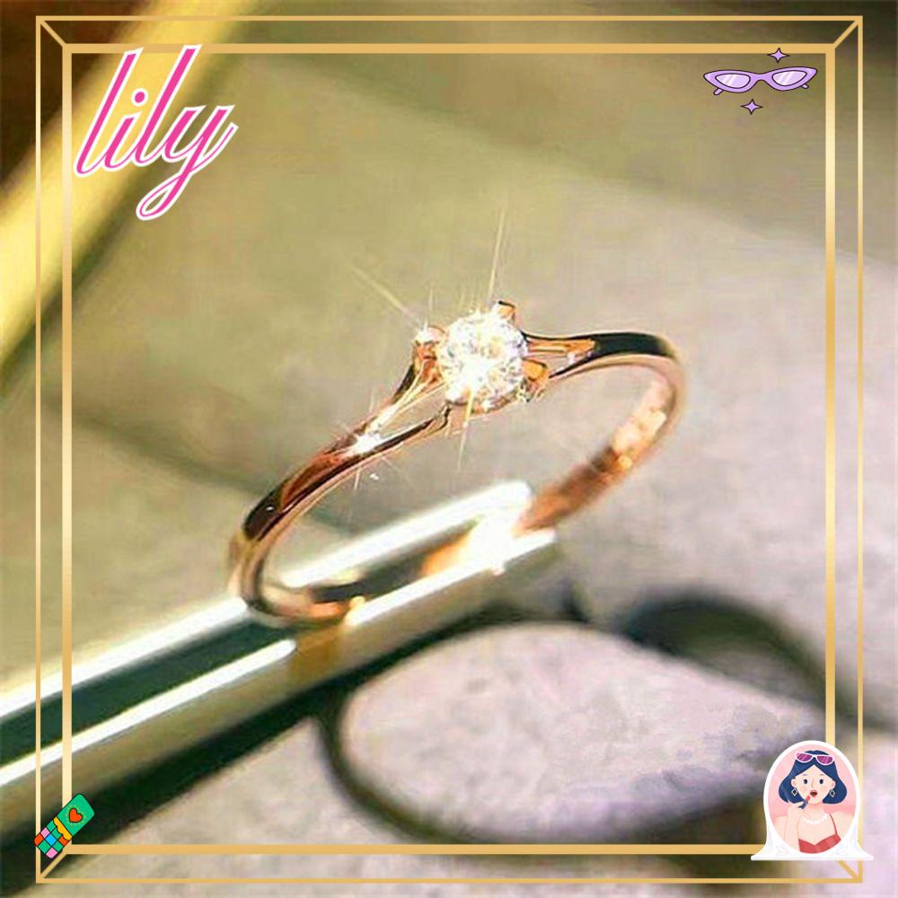 Lily Berlian Cincin Kawin Bulat Ukuran 6-10 Perhiasan Emas &amp; Perak Cincin Wanita Kristal Sederhana