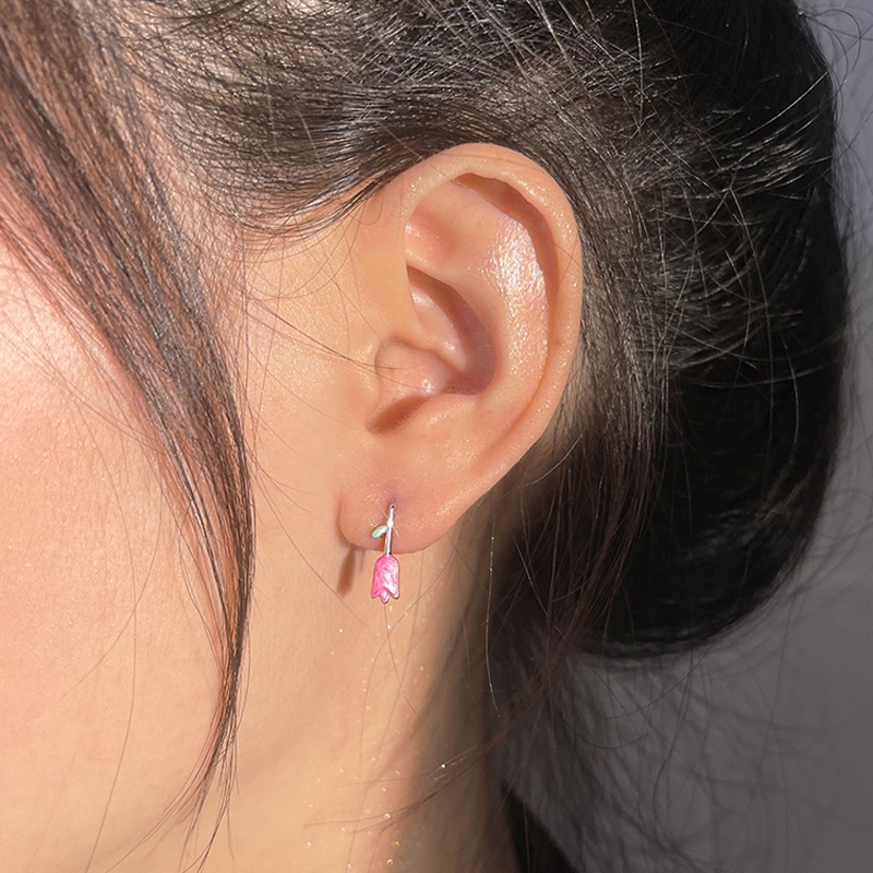 Roselife Korea Trendi S925 Silver Pink Tulip Anting Kait Untuk Wanita Perempuan 1pasang Bunga Manis Klip Anting-Anting Indah Telinga Aksesoris Hadiah Untuk Perempuan