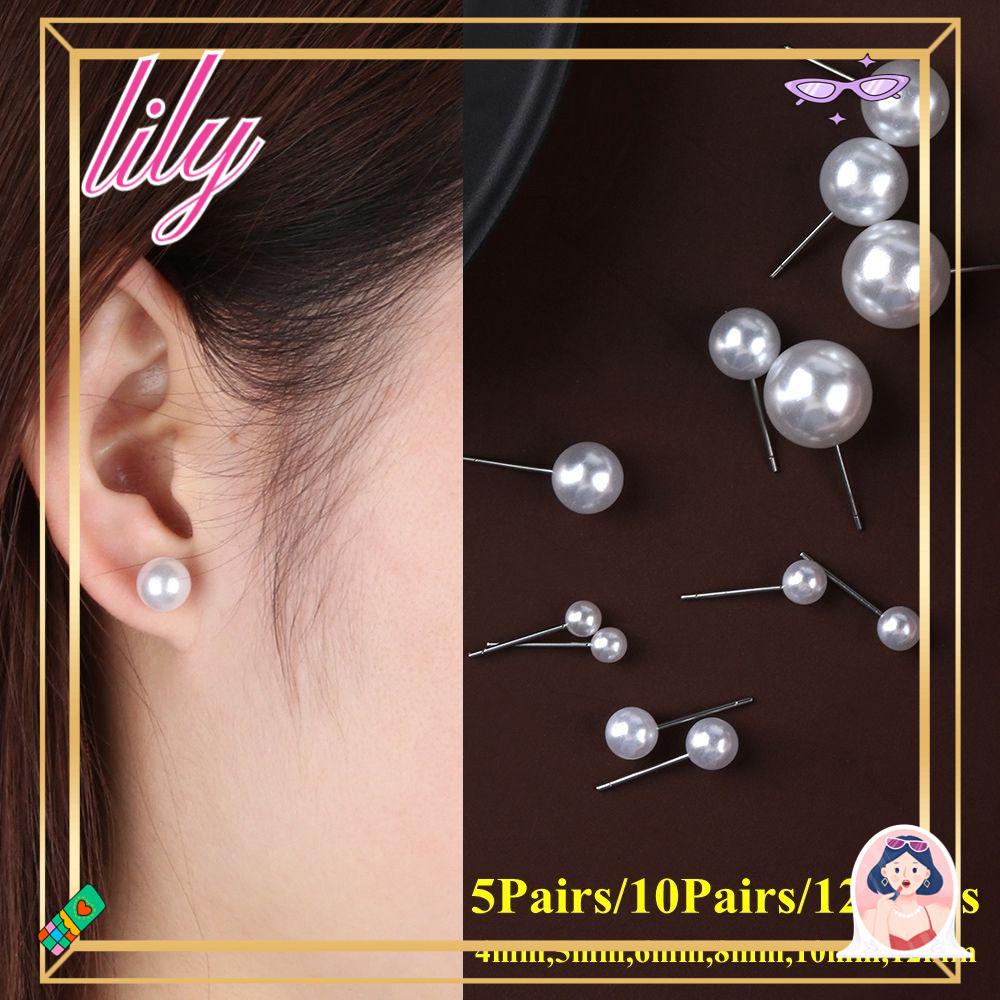 Lily 5pasang/10pasang/12pasang Anting Mutiara 4mm 5mm 6mm 8mm 10mm 12mm Perhiasan Fashion Bentuk Bulat