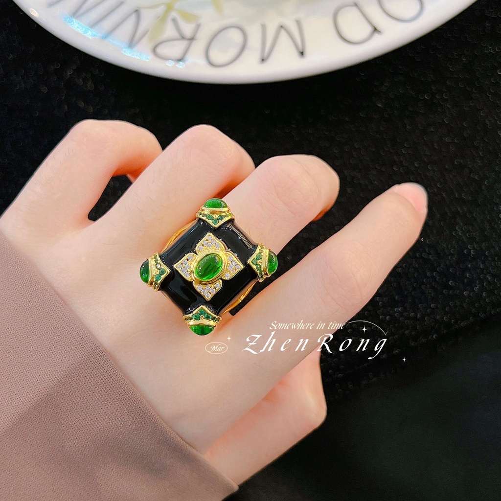 Goldkingdom Fashion Perhiasan Aksesoris Ready Stock Vintage Nenek Zamrud Cincin Berlapis Emas 18k Enamel Glasir Batu Akik Hitam Cincin Wanita