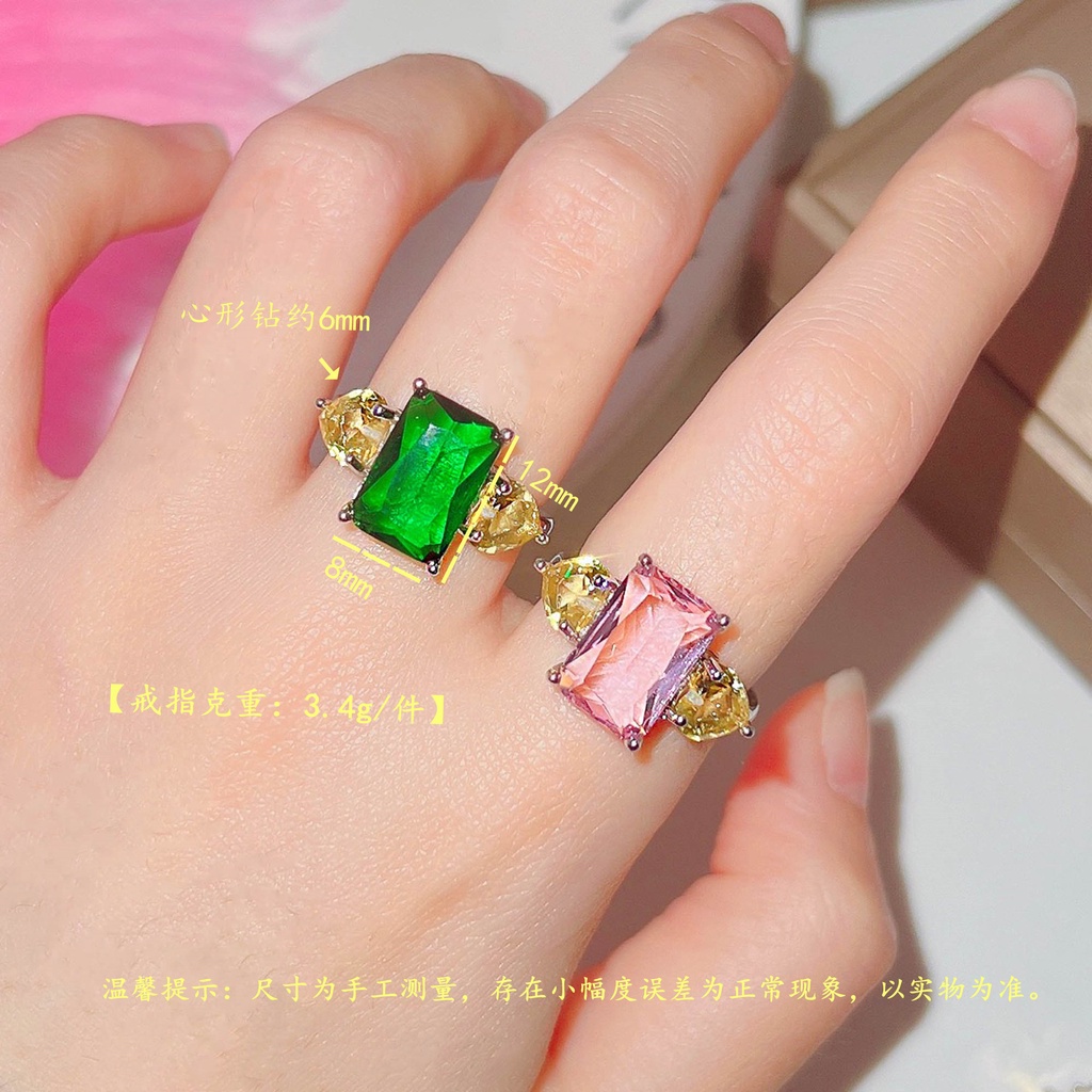 Goldkingdom Fashion Perhiasan Aksesoris Ready Stock Selebriti Cincin Putri Persegi Merah Muda Berlian Kuning Zirkonium Safir Zamrud Zirkon Cincin Perempuan