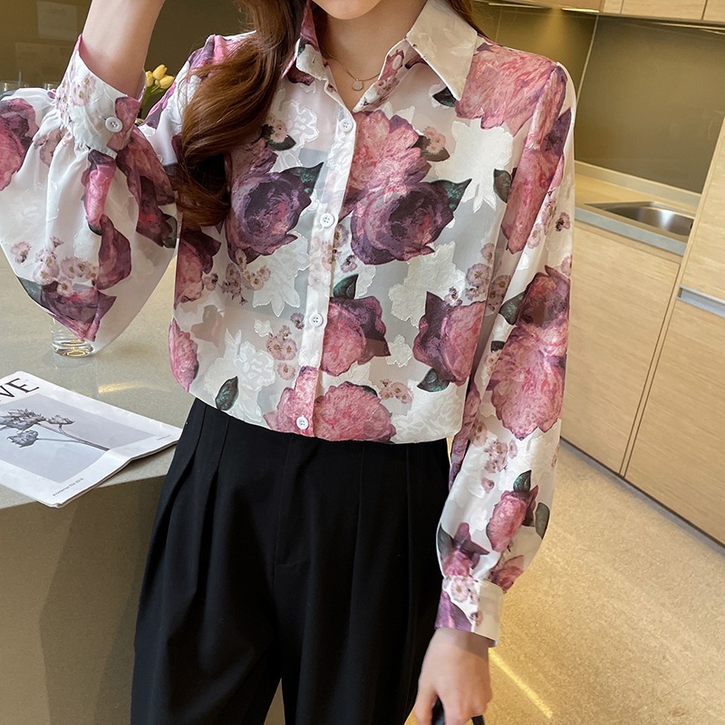 2023 New Fashion Korea Kemeja Wanita Lengan Panjang Cetakan Bunga Merah Muda Kasual Atasan Pesta Kerja Women Long-sleeved Shirt