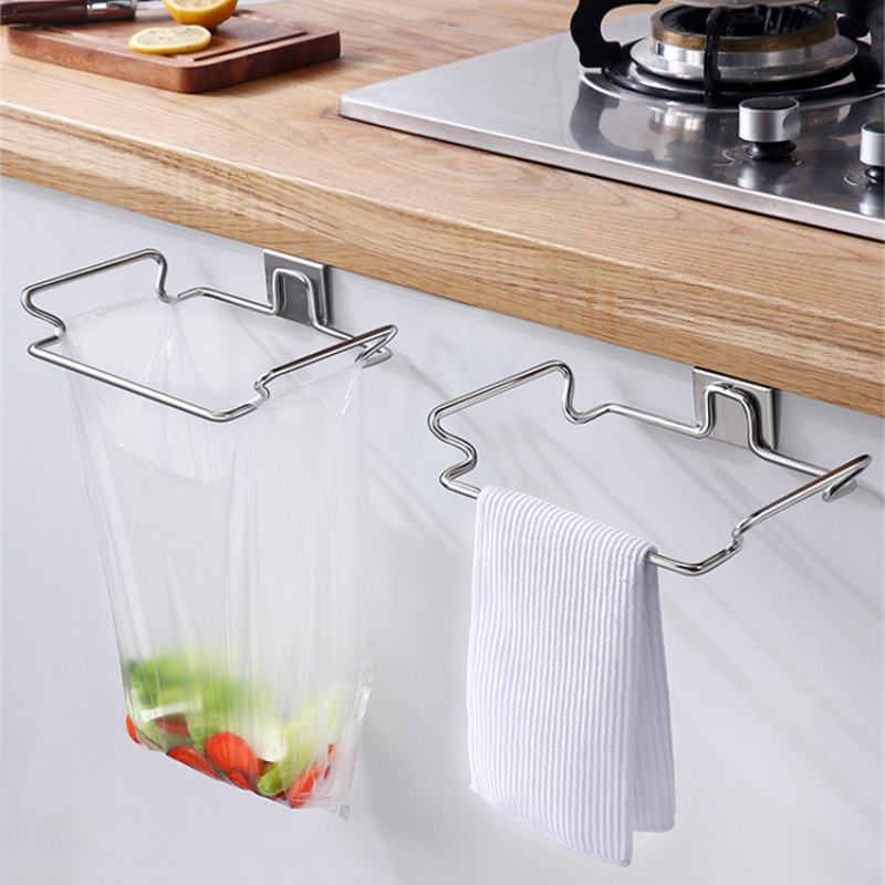 Rak Tempat Sampah Stainless Steel Multifungsi Dapur Pintu Lemari Kantong Sampah Holder Closet Rubbish Storage Aksesoris