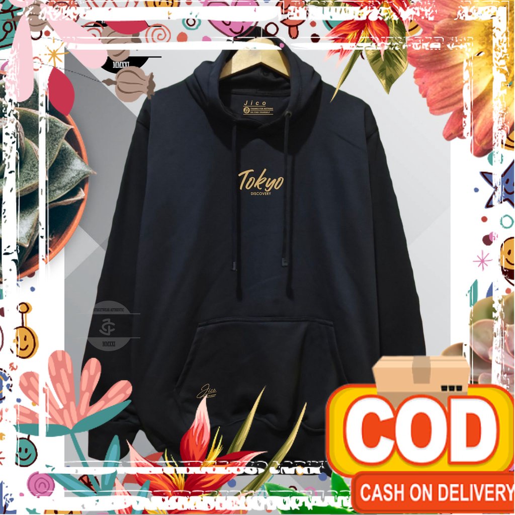 Jaket Hoodie Original JICO Distro Pria Wanita Aesthetic Warna Hitam List Tokyo Discovery Oversize M 