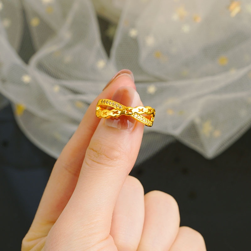 Goldkingdom Aksesoris Perhiasan Fashion Ready Stock Cincin Ringan Mewah Lapis Emas, Mahkota Kupu-Kupu adjustable Berlian setting Untuk Wanita