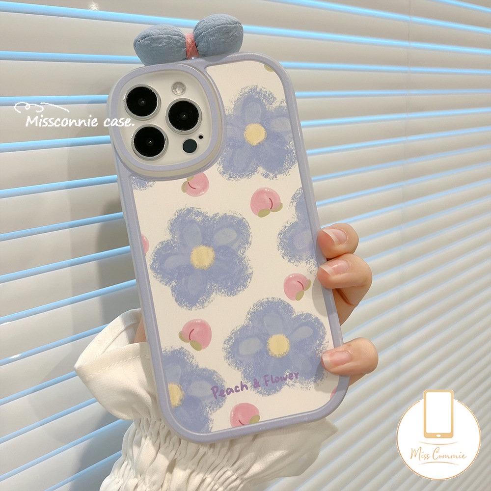 IPHONE Kartun Lucu 3D Ikatan Simpul Menghias Ponsel Case Kompatibel Untuk Iphone11 14 13 12 Pro Max XR X XS Max 7plus7 8 6 6s Plus SE 2020 INS Lukisan Cat Minyak Bunga Biru Musim Panas Peach Soft Case