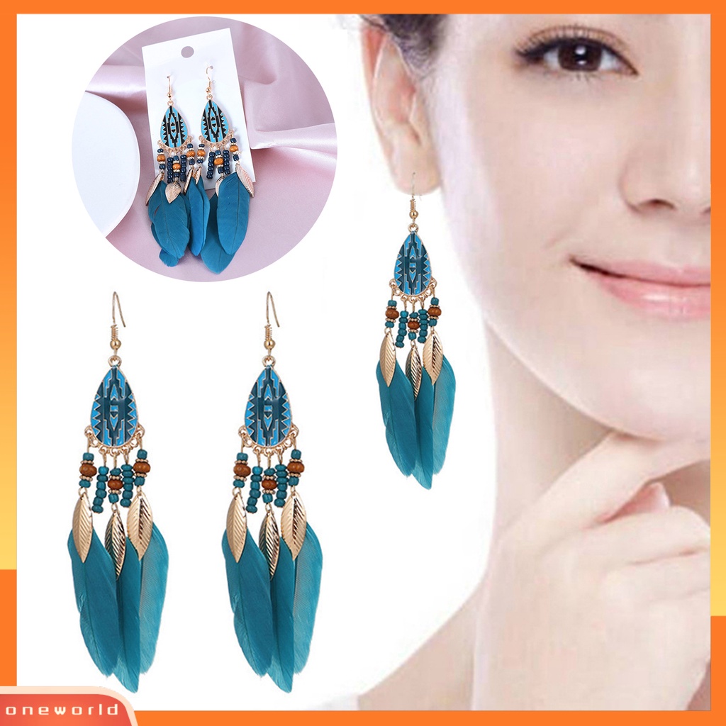 [EONE] 1pasang Anting Kait Gaya Etnik Tetesan Air Liontin Manik-Manik Kepribadian Eye-catching Dekorasi Hypoallergenic Buatan Bulu Vintage Menjuntai Anting-Anting Perhiasan Aksesori