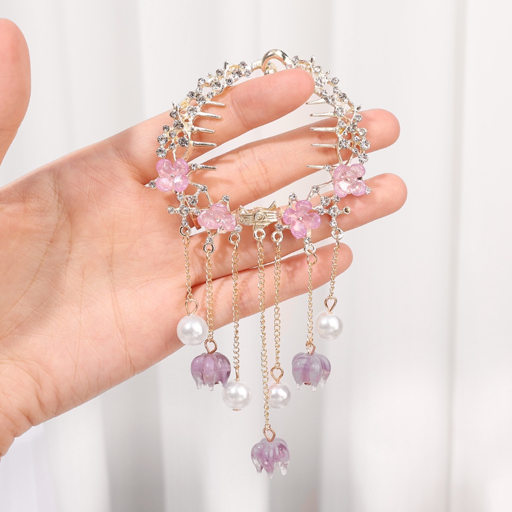 Amethyst Flower Tassel Balls Head Plate Hair Buckle Hair Clip/Bagian Belakang Kepala Bola Head Coil Hair Ponytail Buckle/Hiasan Kepala Pengantin Super Peri Elegan Aksesoris Rambut