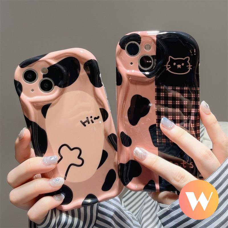 IPHONE Cover Kotak-Kotak Leopard Kucing Kartun Lucu Kompatibel Untuk Iphone13 11 14 12 Pro Max 8Plus 6 7 6s 8Plus Se2020 XR X XS Max 7Plus 3D Tepi Melengkung Bergelombang Glossy Lembut Shockproof Case