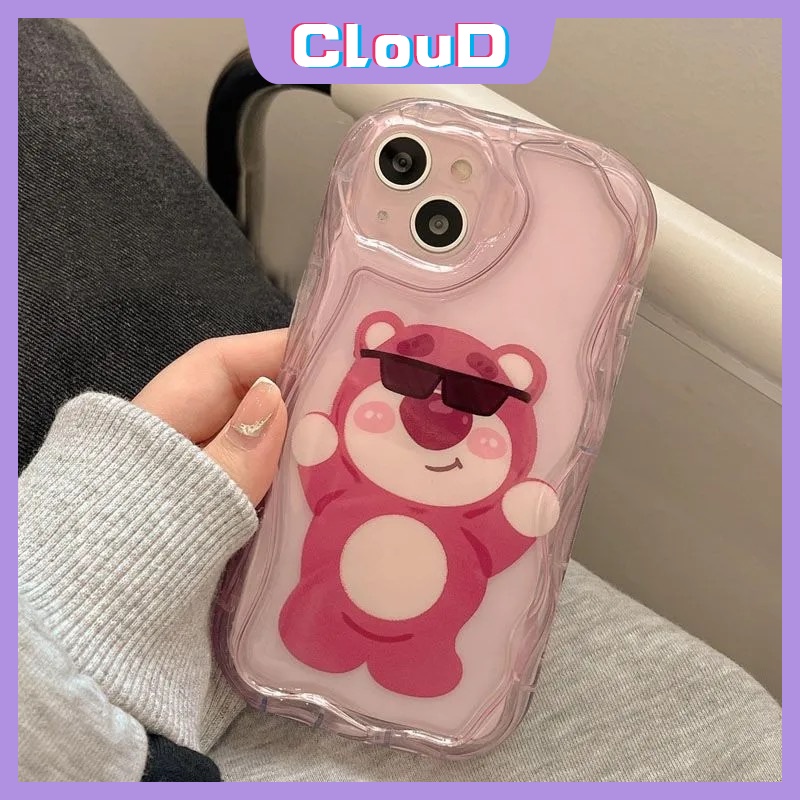 IPHONE Casing Glossy Tepi Melengkung Bergelombang Shockproof 3D Kompatibel Untuk Iphone11 12 14 13 Pro Max 7Plus XR 7 6s 6 8 Plus X XS Max SE 2020 Lembut Mawar Merah Kartun Imut Strawberry Bear Manyo Cover