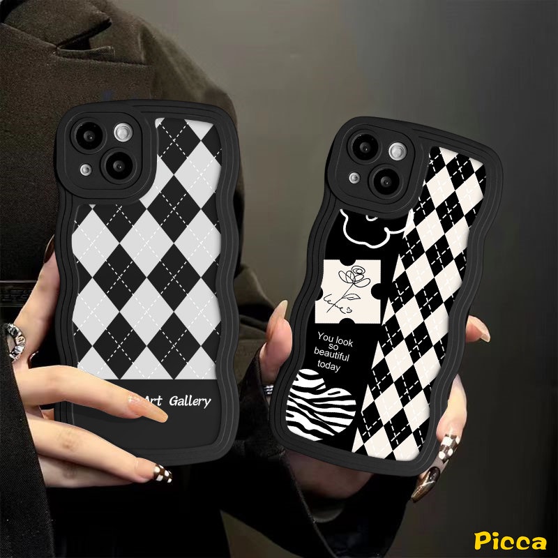 Case Untuk Samsung A23 A50s A12 A13 A04s A14 A52 A30s A03s A04 A50 A31 A11 A22 A53 A20 A33 A32 A04E A52s A02s A21s A51 F22 M22 M32 Romantic Art Bunga Berlian Kotak-Kotak Bergelombang Penutup Tepi