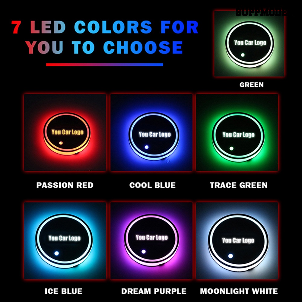 [SM Otomatis] Bulat Logo Mobil Rechargeable LED Light Cup Mat Pad Tatakan Gelas Auto Interior Decor